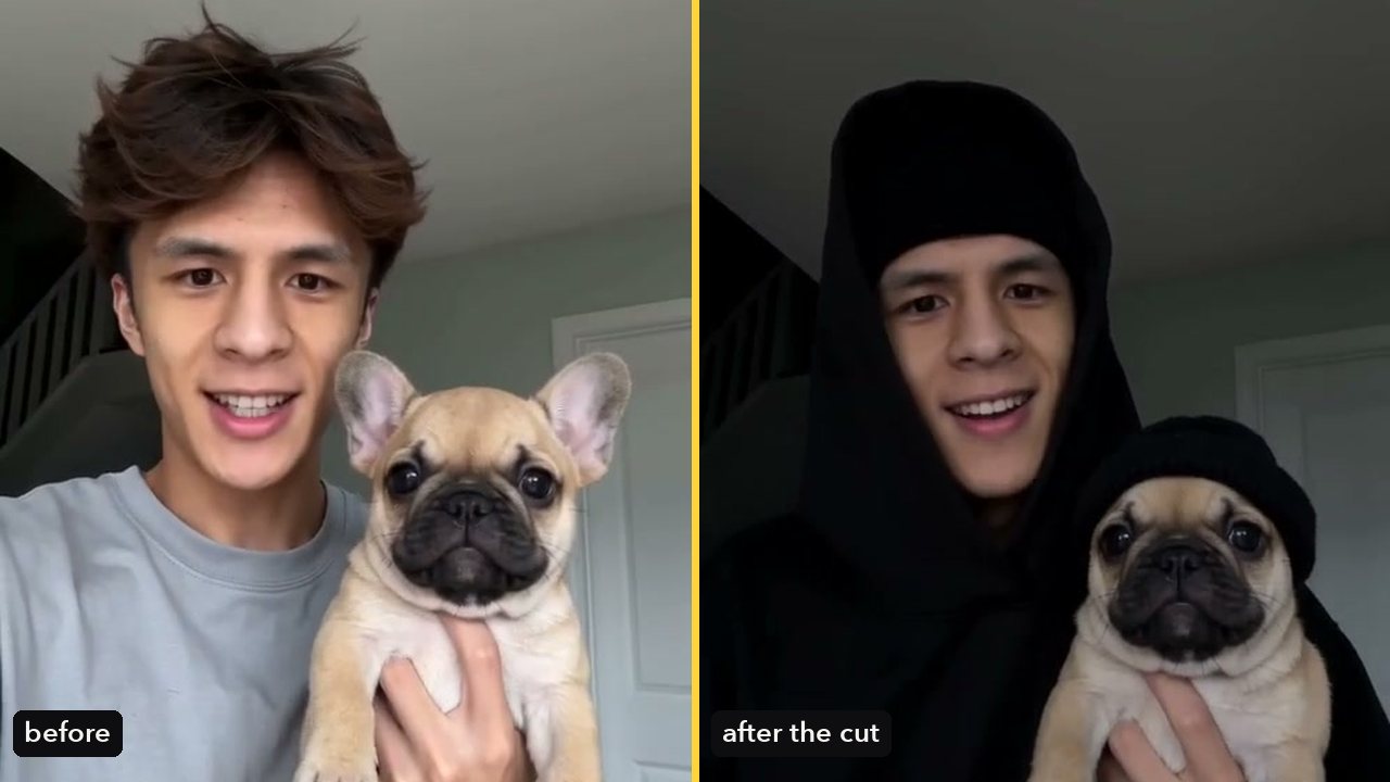 A puppy held up to the camera, then both in black skull caps after the cut